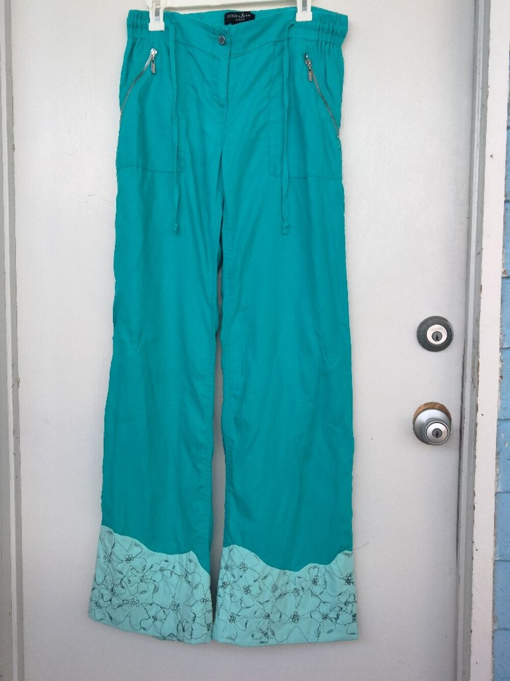 OOAK Wearable Art 100% Linen Floral Dogwood Embroidered Pants
